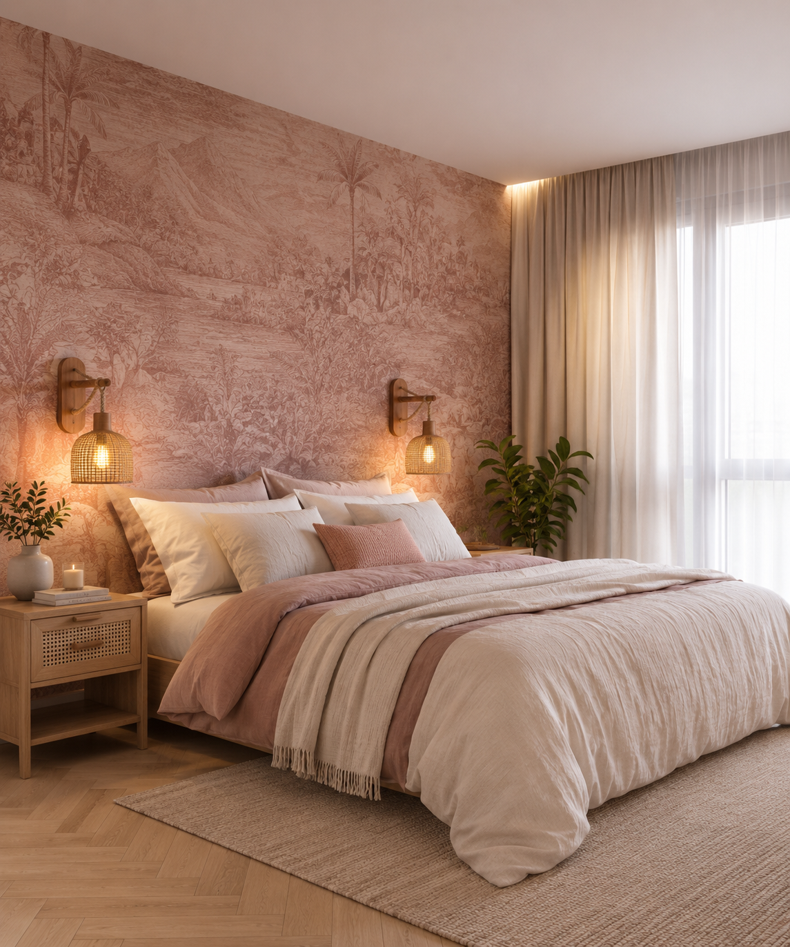 Chambre parentale décorée dans des tons rose poudrés avec papier peint panoramique et mobilier en bois