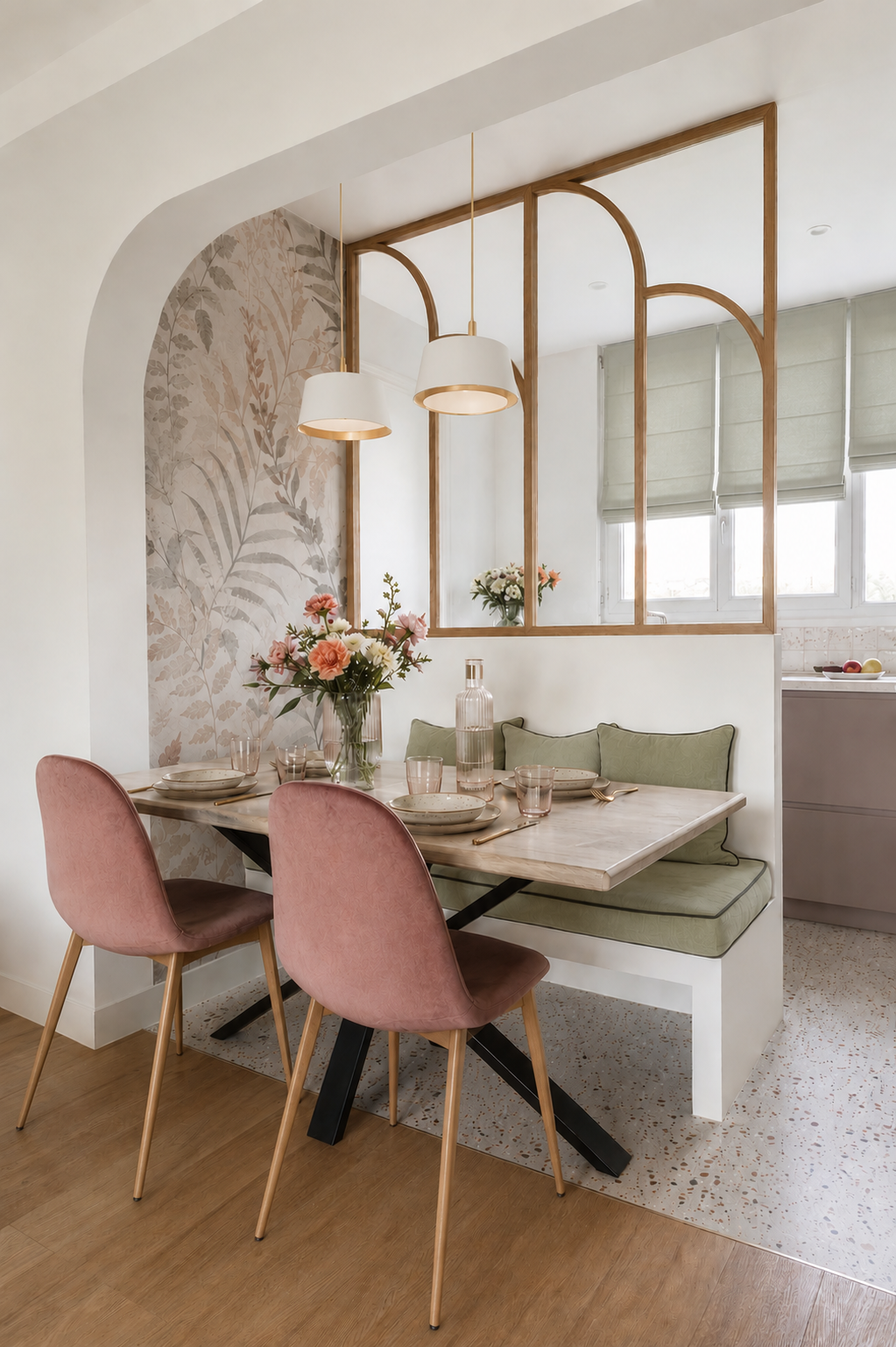 Espace de vie rénové avec verrière en bois sur mesure, banquette intégrée et optimisation de l'espace